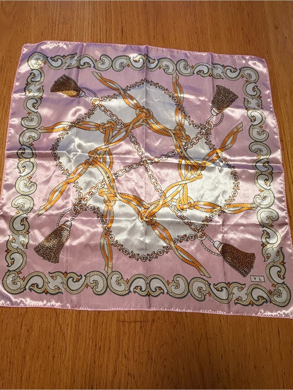 Silky Pink Chain & Tassel Print Square Scarf